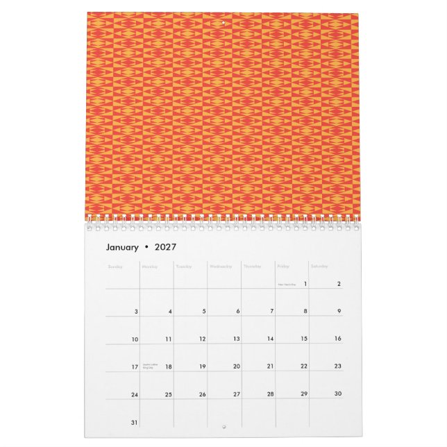 A background pattern featuring an orange and peach calendar (Jan 2027)