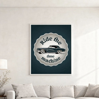 A badge styled graphic with vintage car inside. poster
