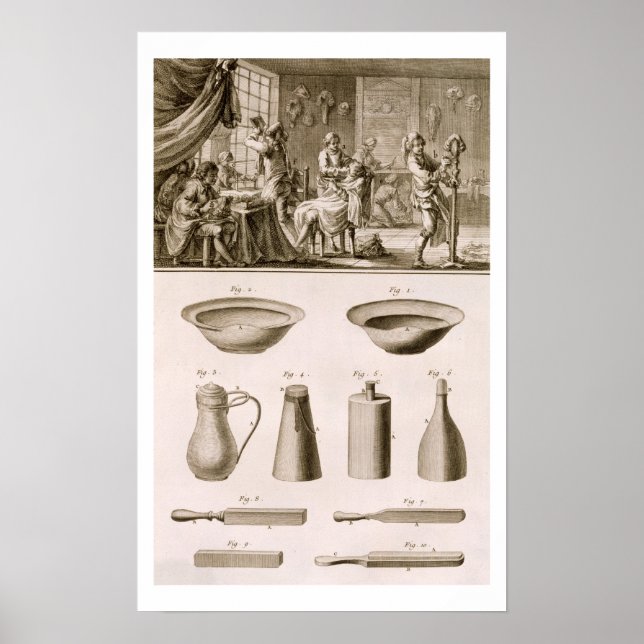 A barbershop and barber tools, from the 'Encyclope Poster (Front)
