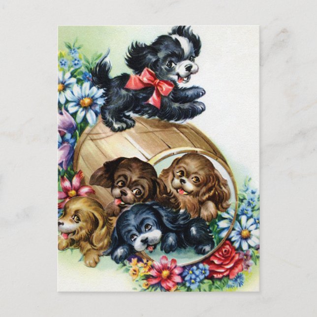 A Barrel of Puppies Postcard (Front)