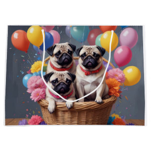 A Basket Full of Pugs and Balloons Large Gift Bag