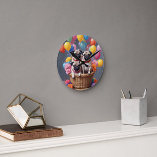 A Basket Full of Pugs and Balloons Round Clock