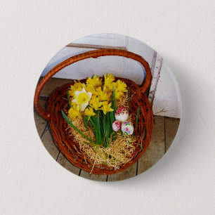A Basket of Yellow Daffodils and floral Easter Egg 6 Cm Round Badge