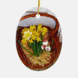 A Basket of Yellow Daffodils and floral Easter Egg Ceramic Tree Decoration
