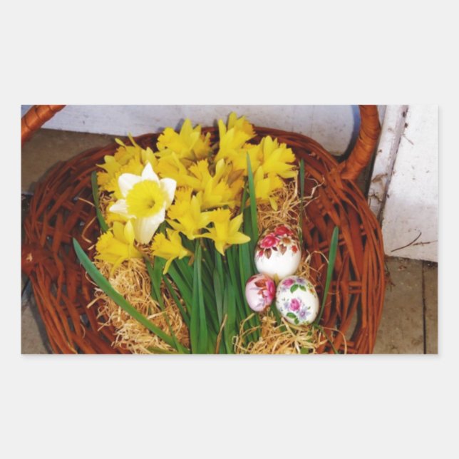 A Basket of Yellow Daffodils and floral Easter Egg Rectangular Sticker (Front)