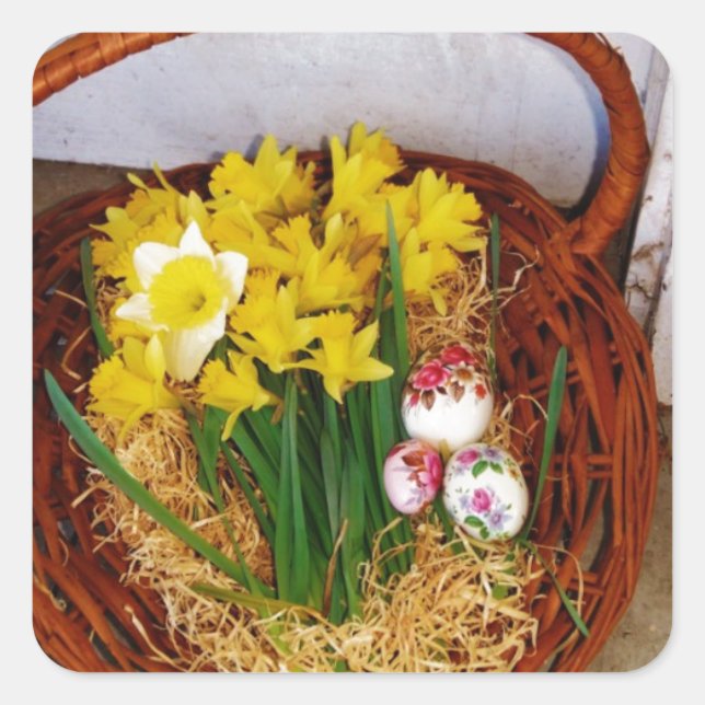 A Basket of Yellow Daffodils and floral Easter Egg Square Sticker (Front)