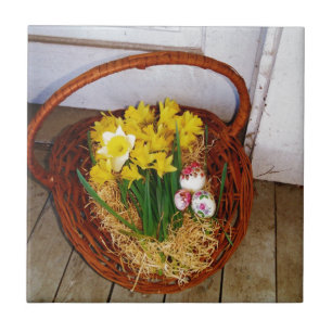 A Basket of Yellow Daffodils and floral Easter Egg Tile