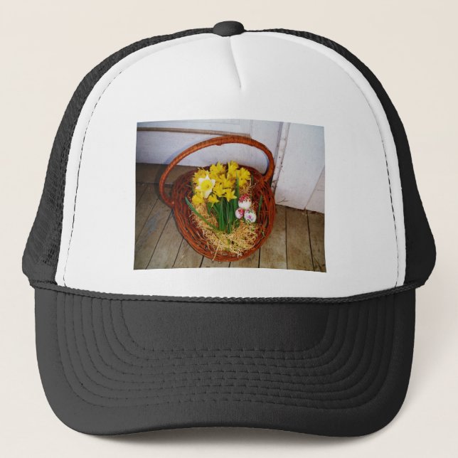 A Basket of Yellow Daffodils and floral Easter Egg Trucker Hat (Front)