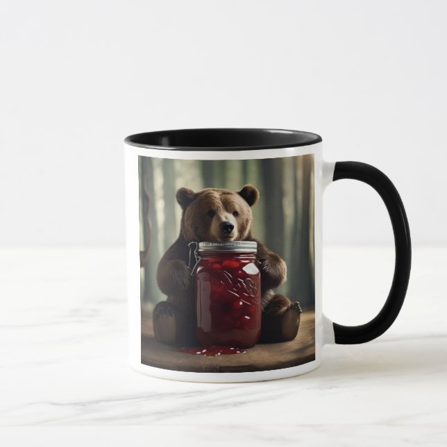 A bear sitting in front of a jar of jam. mug (Right)