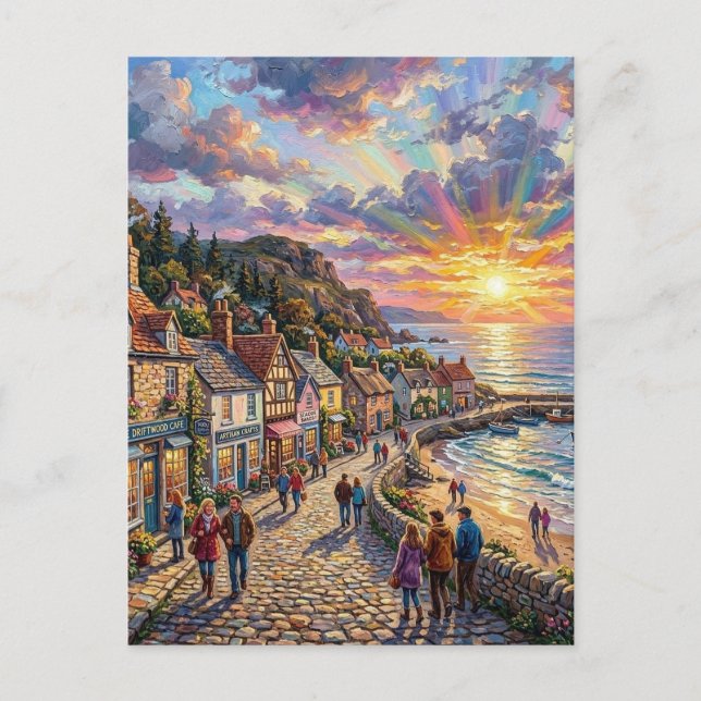 A Beautiful Beach Village Boardwalk at Sunset Postcard (Front)