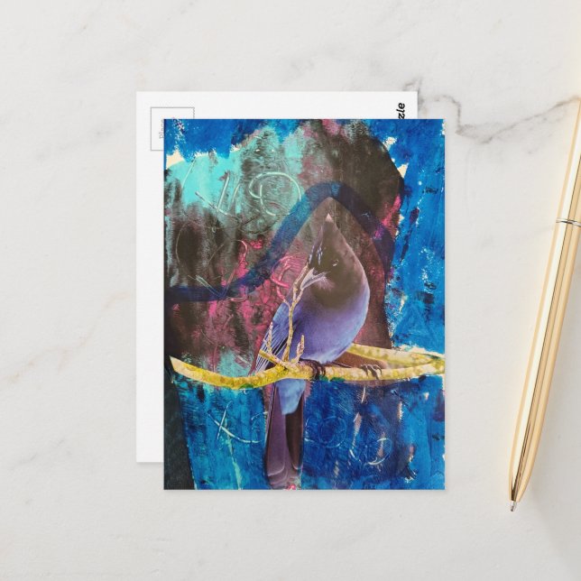 A Beautiful Bird That is Blue Mixed Media Collage Postcard (Front/Back In Situ)