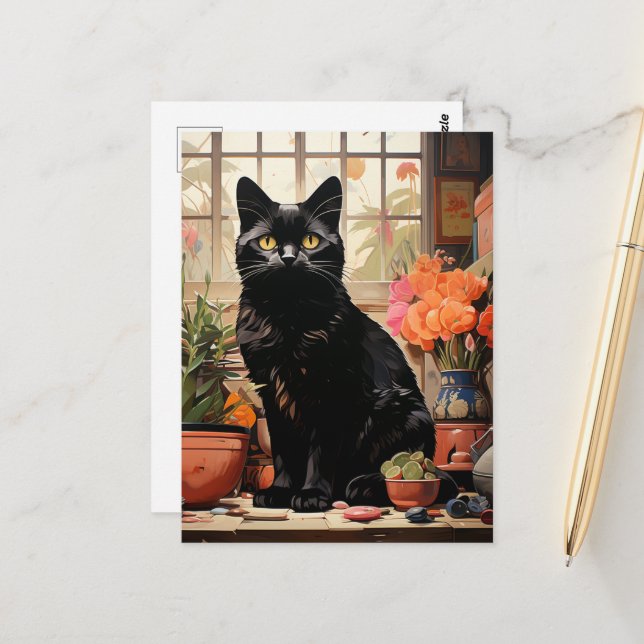 A Beautiful Black Cat in the Houseplants  Postcard (Front/Back In Situ)