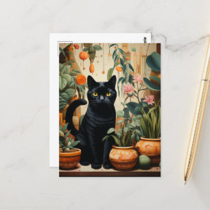A Beautiful Black Cat Poses as a Houseplant Postcard