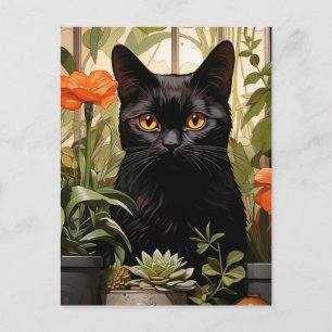 A beautiful black cat succulents and flowers postcard