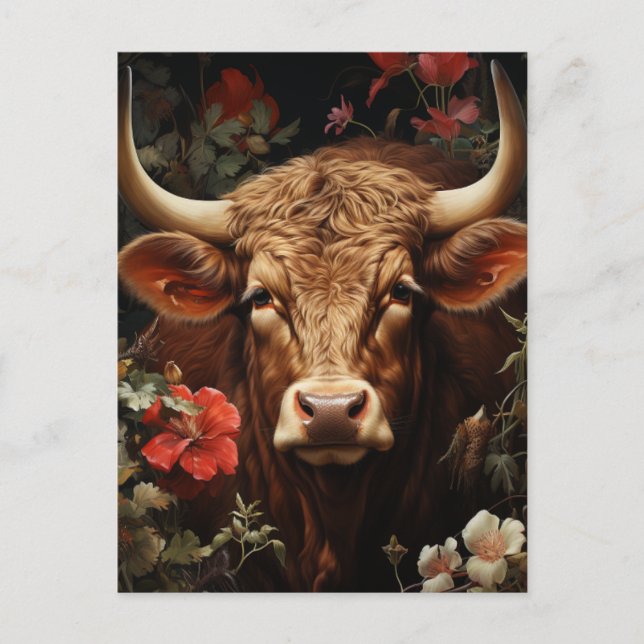 A Beautiful Brown Cow in the Flowers Postcard (Front)