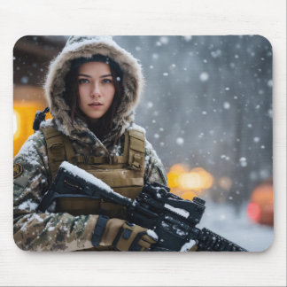 A beautiful brunette soldier girl mouse pad