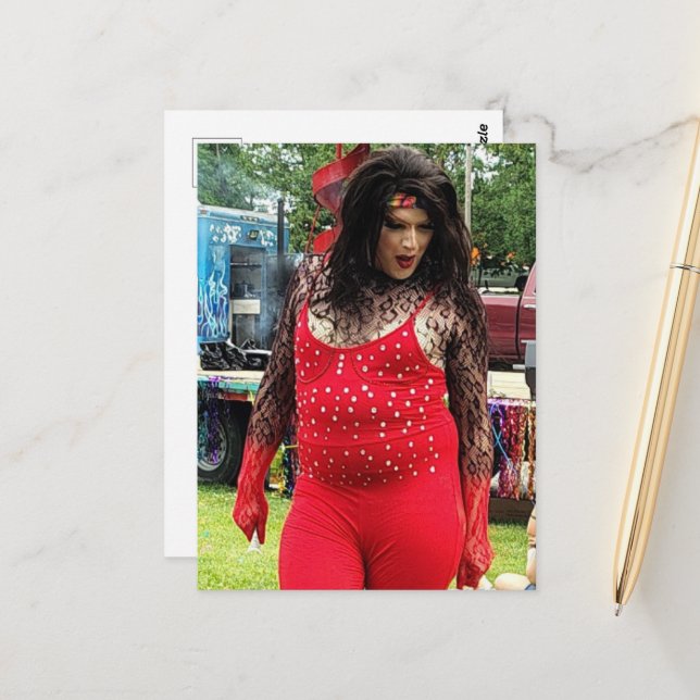 A Beautiful Colourful Drag Queen in Red Postcard (Front/Back In Situ)