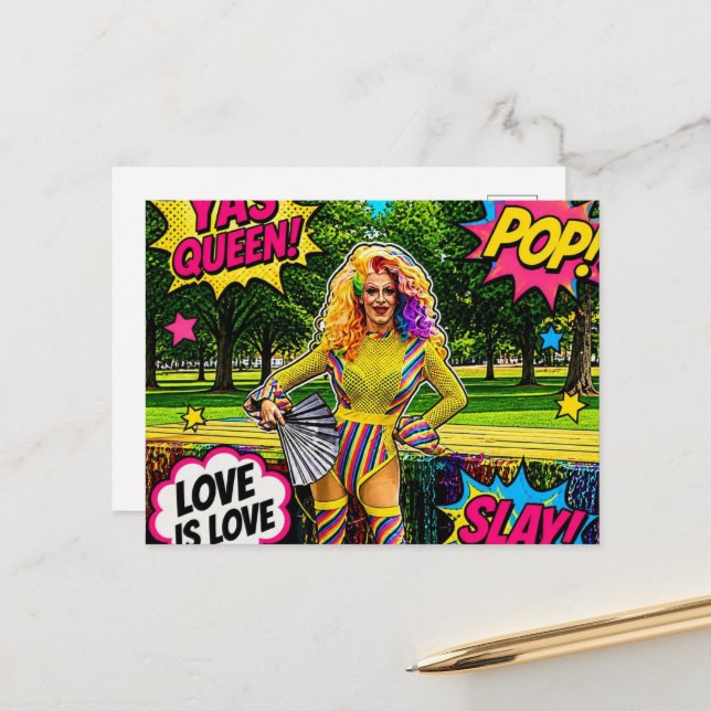 A Beautiful Colourful Drag Queen Pop Art Postcard (Front/Back In Situ)