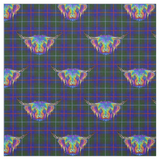 A beautiful colourful highland cow on tartan. fabric