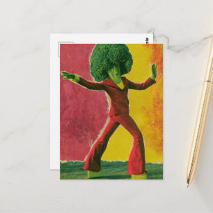 A beautiful colourful retro dancing broccoli postcard