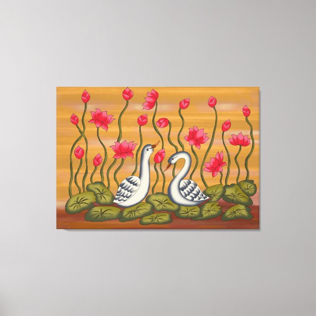 A beautiful coupal swan with lotus flower..... canvas print (Front)