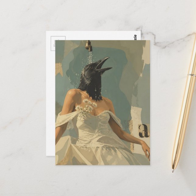 A Beautiful Crow in the Shower Collage Postcard (Front/Back In Situ)
