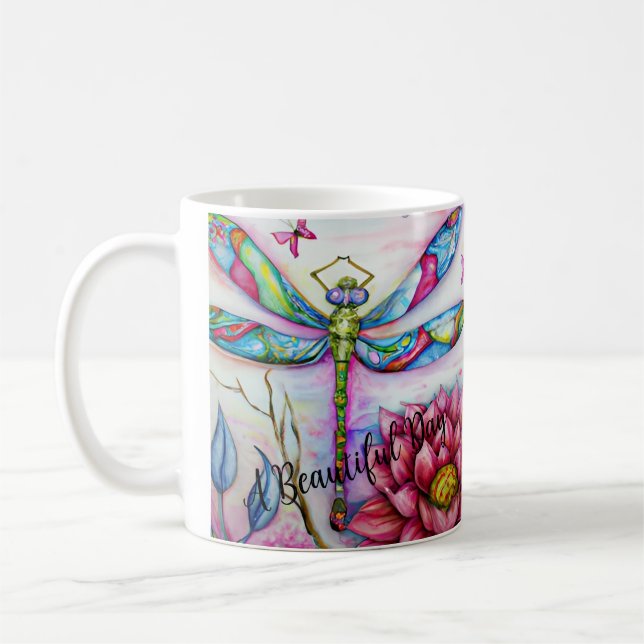 A Beautiful Day, Watercolor Dragonfly, Personalise Coffee Mug (Left)