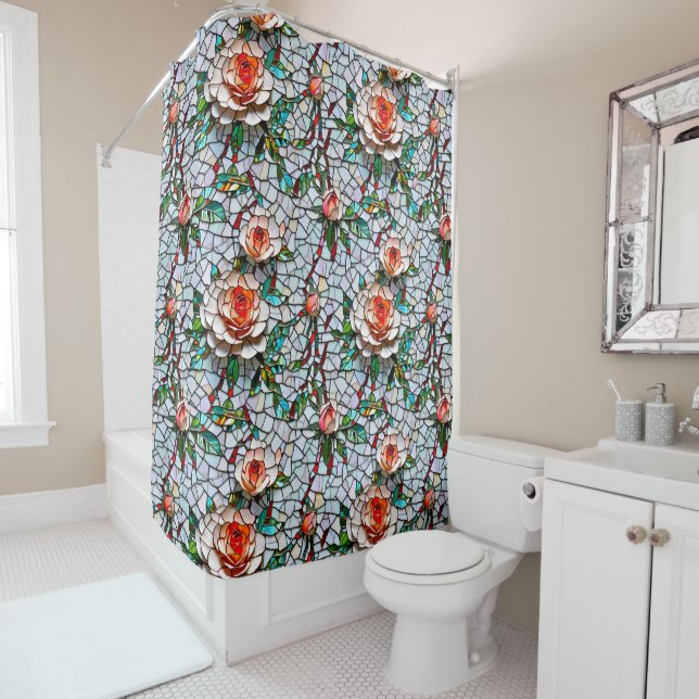 A Beautiful Faux Mosaic Floral Pattern Shower Curtain (In Situ)