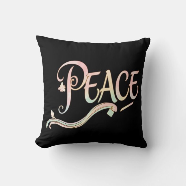 A beautiful, flowing script of the word "Peace" fe Cushion (Front)