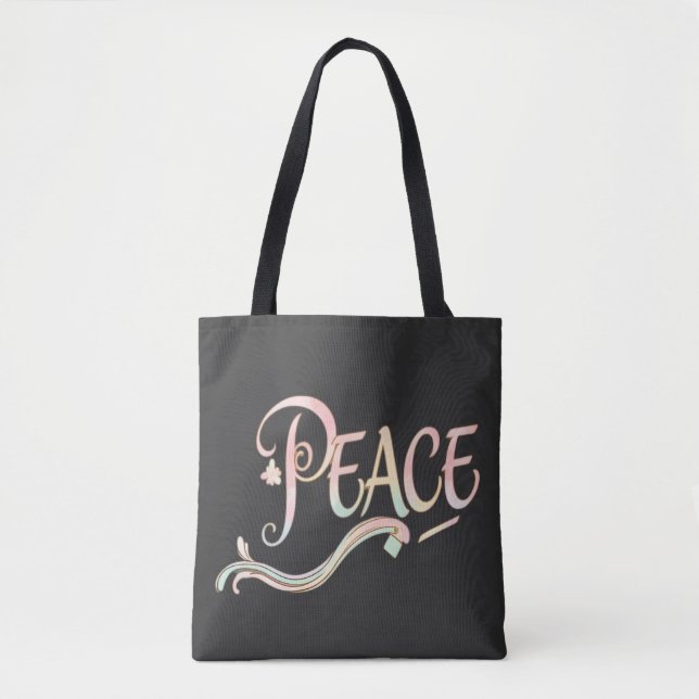 A beautiful, flowing script of the word "Peace" fe Tote Bag (Front)