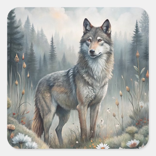 A Beautiful Forest Wolf Square Sticker (Front)