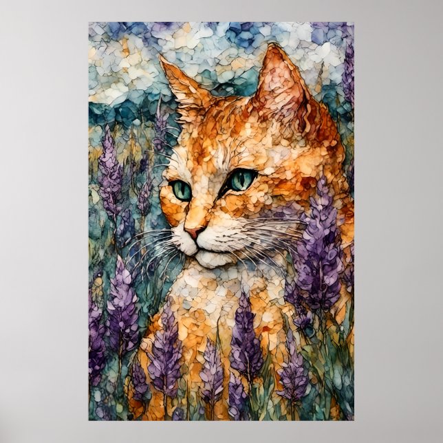 A beautiful ginger cat in a lavender field  poster (Front)