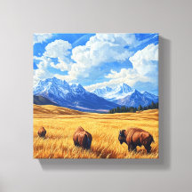 A beautiful landscape with two bison walking throu