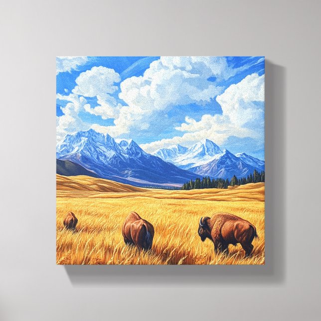A beautiful landscape with two bison walking throu canvas print (Front)