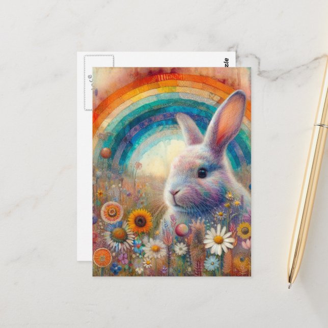 A Beautiful Rainbow Rabbit in Wildflowers Postcard (Front/Back In Situ)