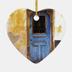A beautiful rustic old blue door in CRETE, Greece Ceramic Tree Decoration