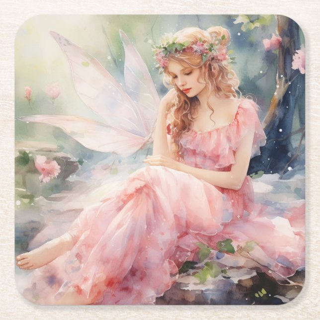 A Beautiful Spring Fairy Square Paper Coaster (Front)