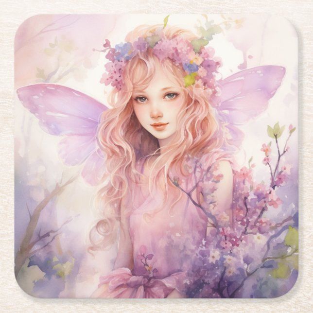 A Beautiful Spring Fairy Square Paper Coaster (Front)