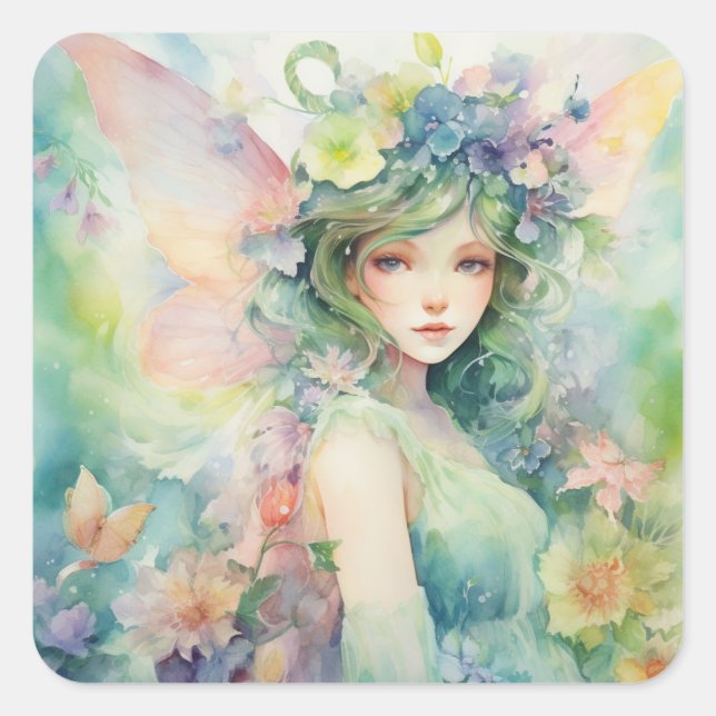 A Beautiful Spring Fairy Square Sticker (Front)