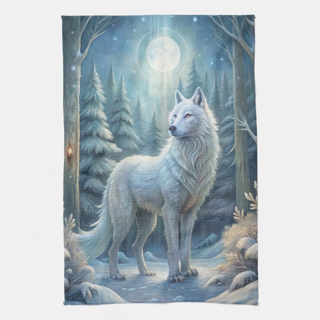 A Beautiful White Wolf Tea Towel (Vertical)