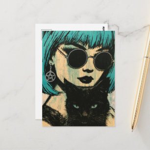 A beautiful witch with her black cat  postcard