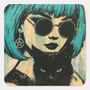 A beautiful witch with her black cat square sticker