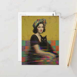 A Beautiful Woman and her Black Cat Glitch Art Postcard