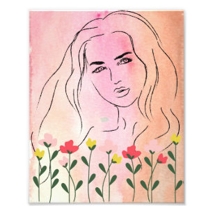 A Beautiful Woman & Flowers, Line art design Photo Print