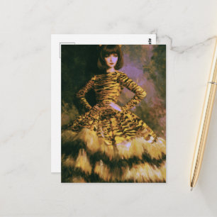 A beautiful woman in a big cat print dress postcard