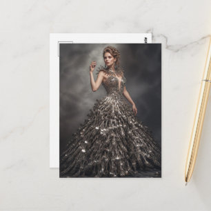 A beautiful woman in a dress made from forks postcard