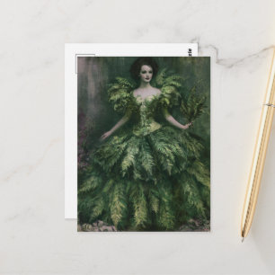 A beautiful woman in a fern dress painting postcard