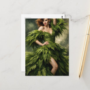 A beautiful woman in a fern leaf dress postcard