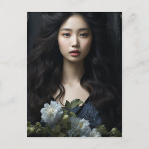A beautiful Woman with long black hair and flowers Postcard
