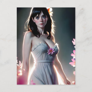 A beautiful Woman with long black pink flowers Postcard